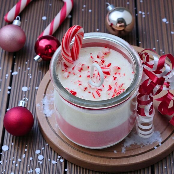 Handmade Candle ✦ Candy Cane & Christmas Tree ✦ Soy Wax in Recycled Yogurt Jar - Picture 1 of 7